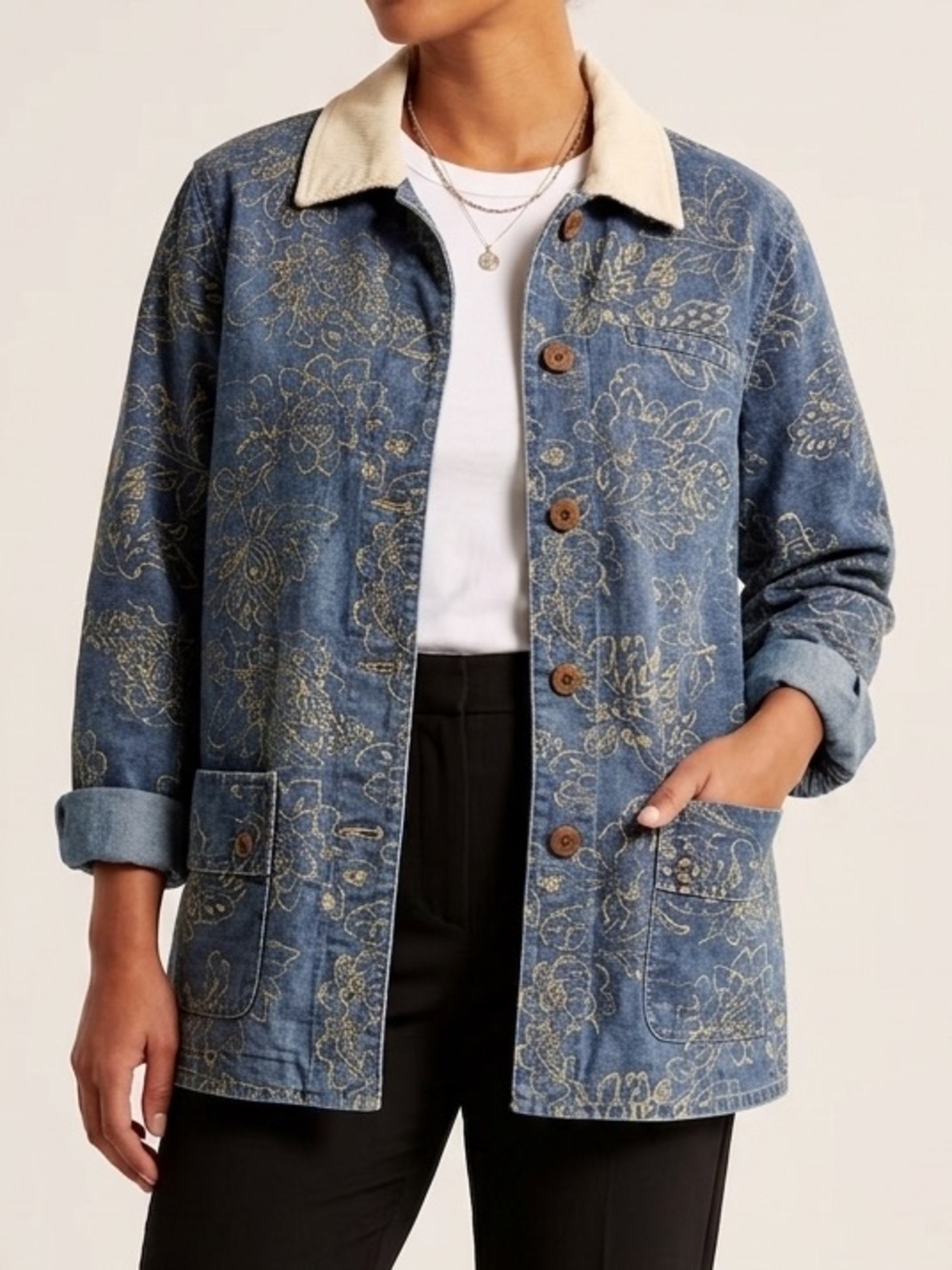 Coldwater Creek Blue Floral Jean Barn Jacket with Cream Contrast Collar